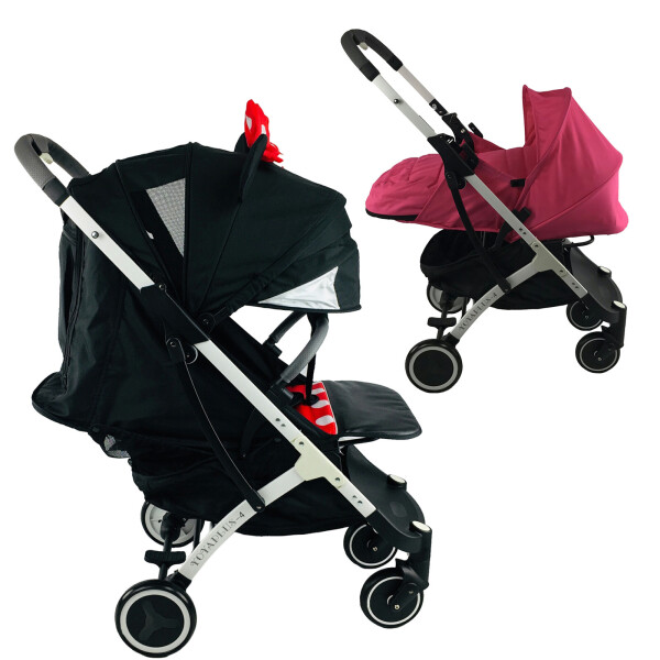 

Коляска Yoya Plus-4-2021 2в1 на молнии с Большим дождевиком, Конвертом на флисе, Удлинителем капа и Матрасиком мягким Минни с люлькой розовой на белой раме