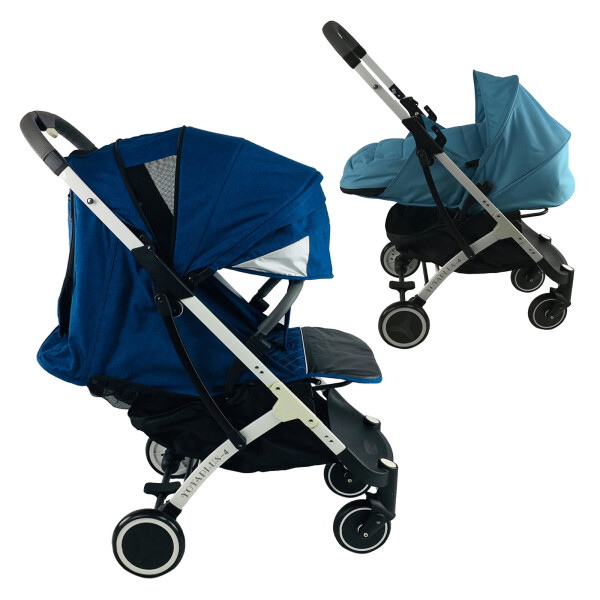 

Коляска Yoya Plus-4-2021 2в1 на молнии с Большим дождевиком и Матрасиком мягким Синяя с люлькой голубой на белой раме