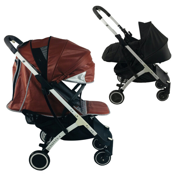 

Коляска Yoya Plus-4-2021 2в1 на молнии с Большим дождевиком и Матрасиком мягким Коричневая кожа с люлькой черной на белой раме