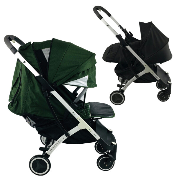 

Коляска Yoya Plus-4-2021 2в1 на молнии с Большим дождевиком и Зонтом дисней Зеленая с люлькой черной на белой раме