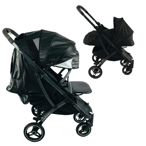 

Коляска Yoya Plus Pro-21 2в1 на молнии с Большим дождевиком и Хипситом Черная кожа с люлькой черной