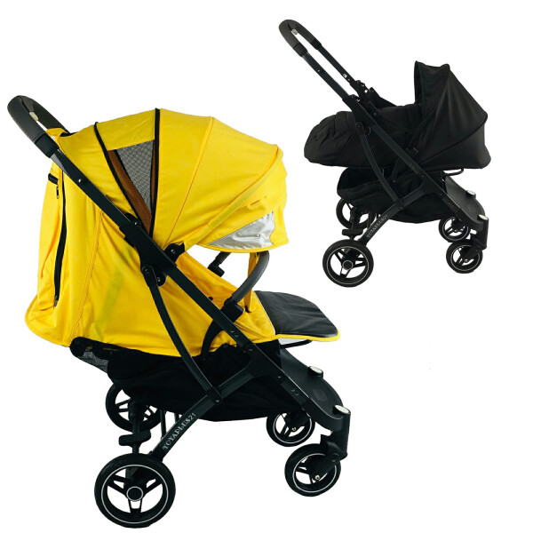

Коляска Yoya Plus Pro-21 2в1 на молнии с Большим дождевиком и Конвертом на флисе Желтая с люлькой черной