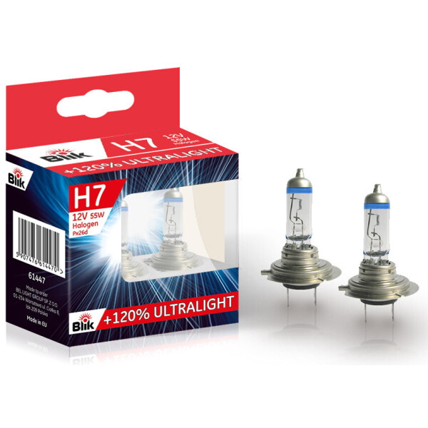 

Лампа автомобильная BLIK H7 12V / 55W PX26D + 120% (к-т 2 шт) 61447 BLIK к-т