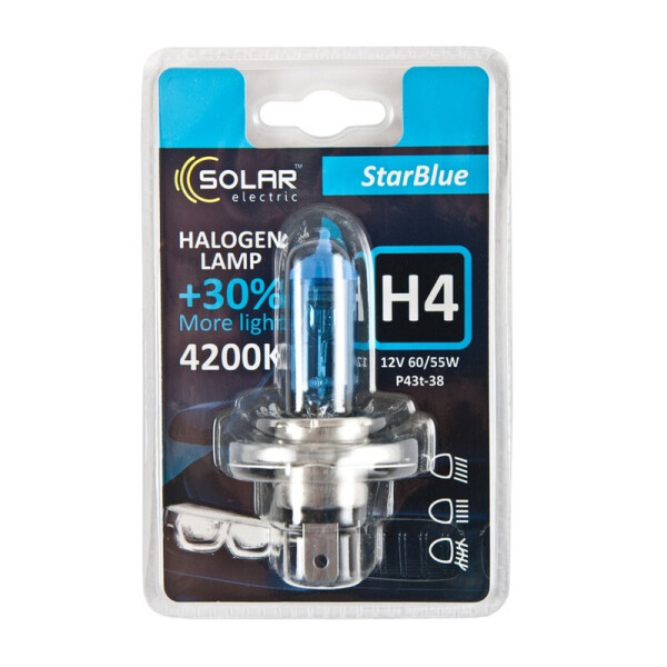 

Галогеновая лампа Solar H4 12V 60/55W P43t-38 StarBlue 4200K (1244B1)