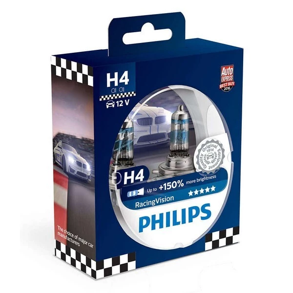 

Галогенные лампы Philips H4 RacingVision +150% 12V 60/55W (12342RVS2)