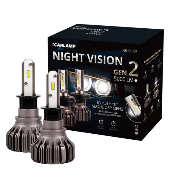 

Светодиодные автолампы H3 Carlamp Night Vision Gen2 Led для авто 5000 Lm 5500 K IP68K (NVGH3)