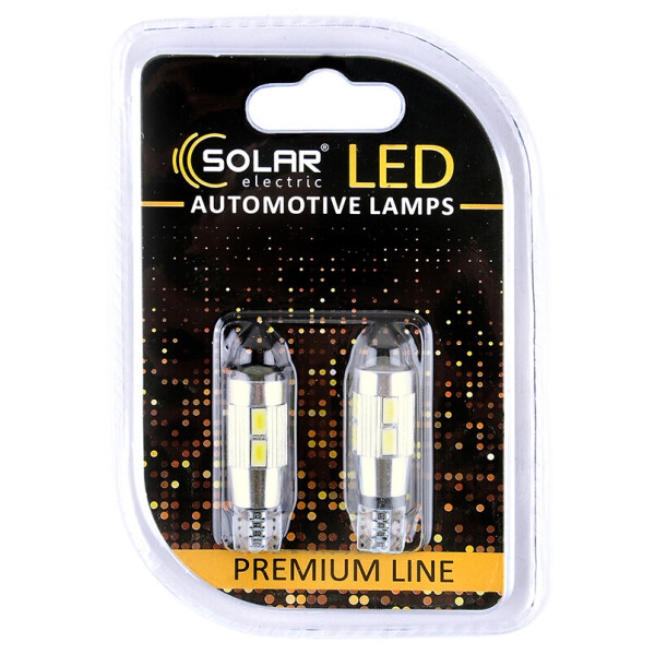 

Светодиодные LED автолампы SOLAR Premium Line 12V T10 W2.1x9.5d 10SMD 5730 + lens CANBUS white блистер 2шт (SL1348)