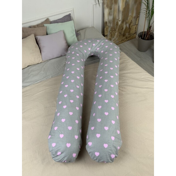 

Подушка для беременных обнимашка U образная подкова Coolki Хлопок Премиум XL 120x75 Розовые сердечки на сером