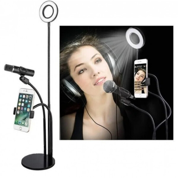 

Держатель для телефона Live Streaming 3в1 Кольцо с LED подсветкой держатель для микрофона набор блогера для прямых трансляций Черный