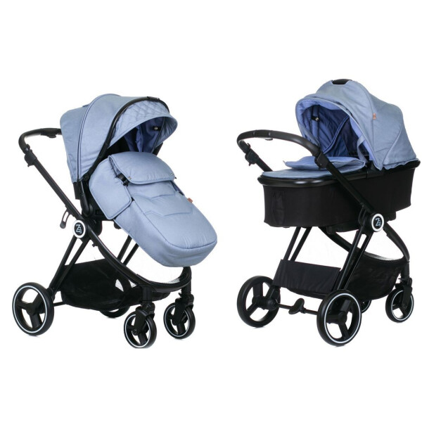 

Детская коляска 2в1 BabyZz B102 легкая универсальная для новорожденных и до 3 х лет голубая на черной раме