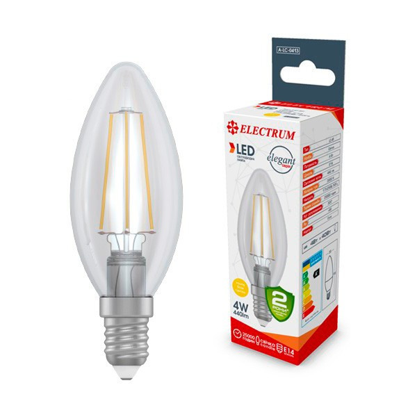 

Лампа светодиодная Electrum С37 4W GL LC-4F E14 3000K Rf 440lm (A-LC-0413)