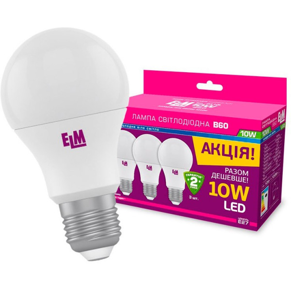 

Лампа светодиодная ELM B60 10W PA10L E27 3000K 750lm 3 шт. (18-0120)