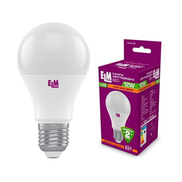 

Лампа светодиодная ELM B60 12W PA10S E27 3000K 970lm (18-0178)