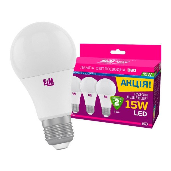 

Лампа светодиодная ELM B60 15W PA10L E27 4000K 1300lm 3шт. (18-0143)