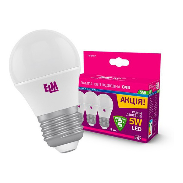 

Лампа светодиодная ELM D45 5W PA10 E27 4000K 400lm 3шт. (18-0157)