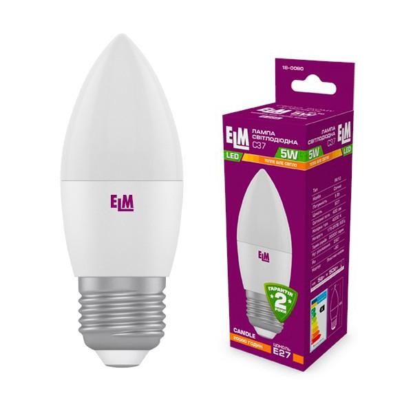 

Лампа светодиодная ELM С37 5W PA10 E27 3000K 370lm (18-0080)
