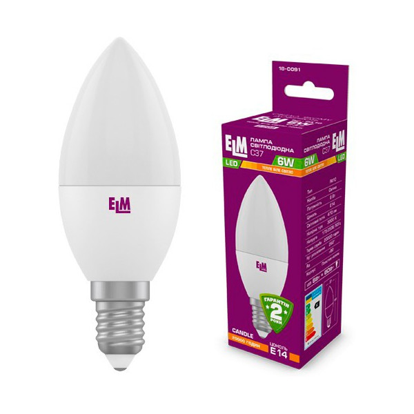 

Лампа светодиодная ELM С37 6W PA10 E14 3000K ELM 470lm (18-0091)