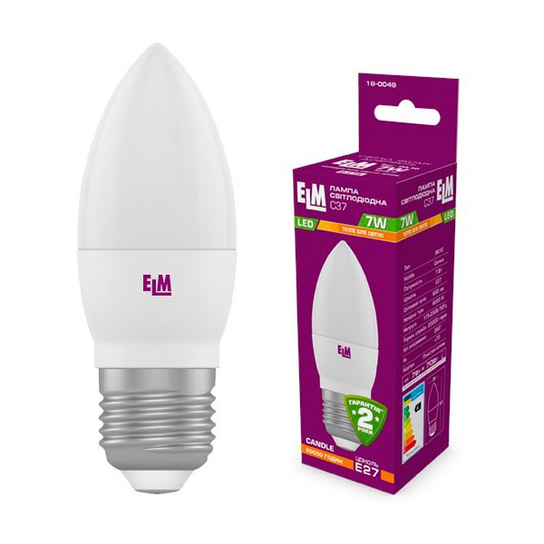 

Лампа светодиодная ELM C37 7W PA10 E27 3000K 570lm (18-0048)