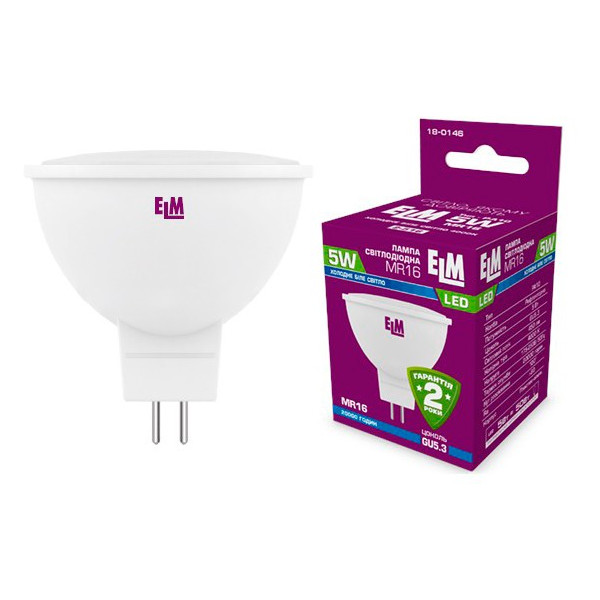

Лампа светодиодная ELM MR16 5W PA10L GU5.3 4000K 450lm 120гр. (18-0146)