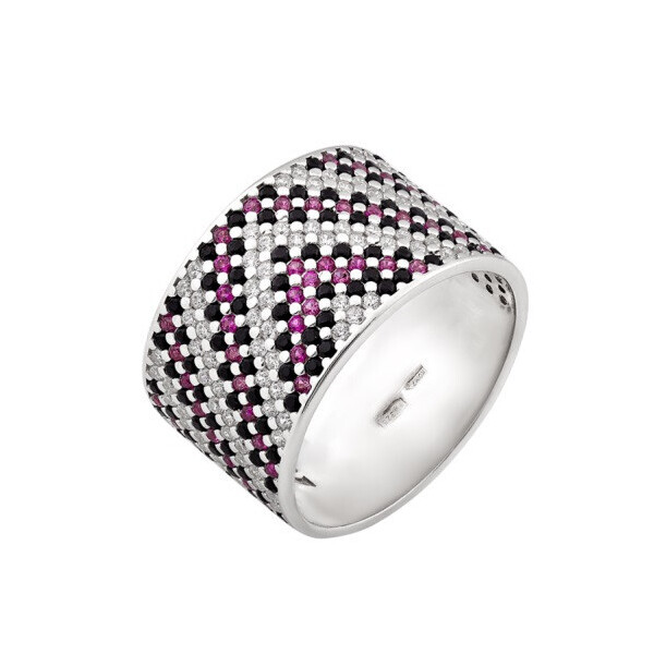 

Серебряное кольцо GS широкий орнамент розово-черным фианитом