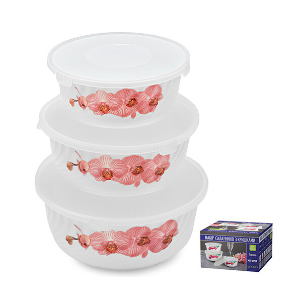 

Набор круглых салатников с крышкой Stenson Орхидея 3 шт (MS-1098-1)