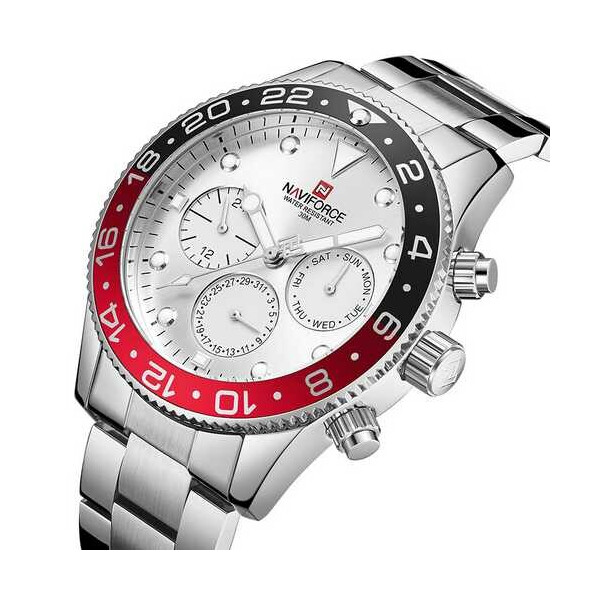 

Мужские наручные часы (NF9147 Silver-White-Red) Naviforce 43 мм Серебряный