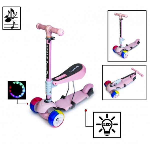 

Детский самокат Scooter 3 в 1 Pink. Складная ручка. Cо светом и музыкой. Широкие колеса