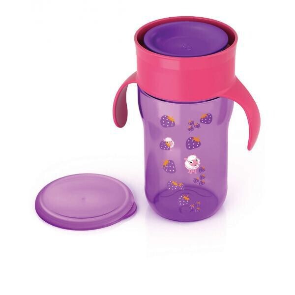 Акция на Детская Чашка с клапаном и крышкой для питья с ручками фиолетовая с рисунком овечки 340мл 12мес AVENT Авент от Allo UA