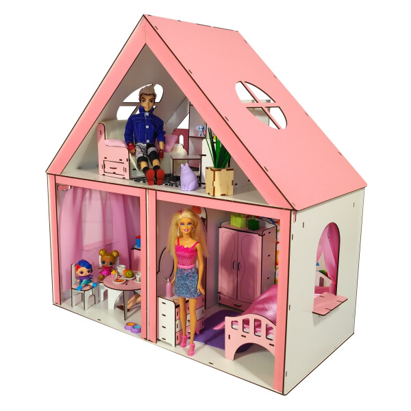 

Кукольный ЭКО домик для кукол Барби (Barbie) Особняк + мебель + текстиль 68х34х68 см (3104)