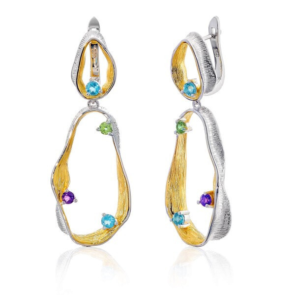

Серебряные серьги с перидотом, аметистом и топазом Swiss blue