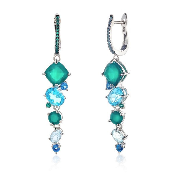 

Серебряные серьги с агатом зеленым, топазом Swiss blue и топазом Sky blue