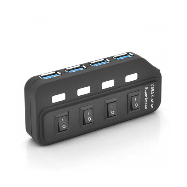 

Хаб USB 3.0, 4 порта, с переключателями, поддержка до 2TB, 5Gb - s, кабель 0,6м, Блистер