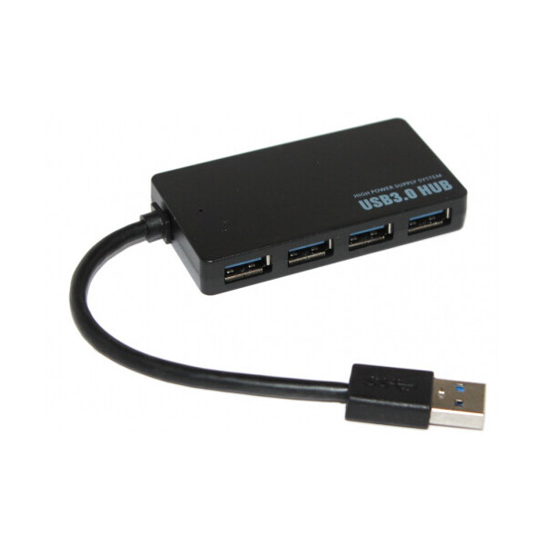 

Хаб USB 3.0, 4 порта, плоский, черный, поддержка до 2TB, кабель 0,14м, Блистер