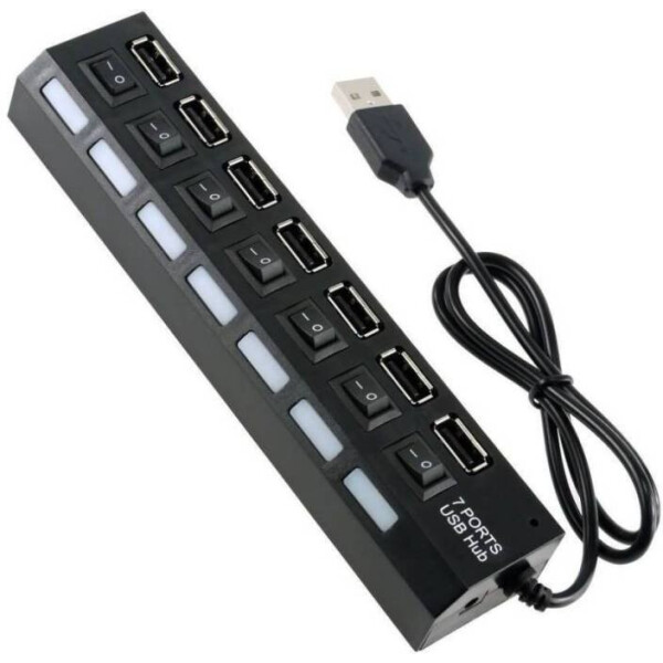 

Хаб USB 2.0 7 портов с переключателями на каждый порт, Black, 480Mbts High Speed, питание от USB, Blister Q100