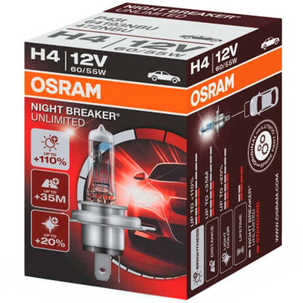 

Галогеновая лампа Osram H4 (HB2, 9003) Night Breaker Unlimited 64193NBU-FS +110% 60/55w P43T