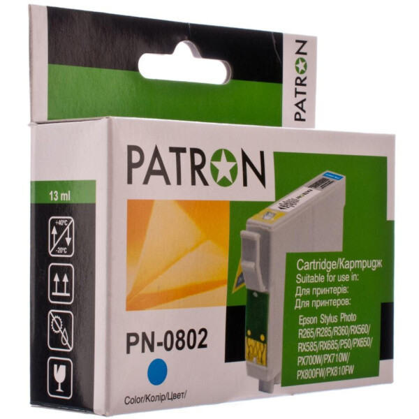 

Картридж PATRON EPSON R265/285/360,RX560/585/685,P50,PX650 CYAN (T0802) (PN-0802)