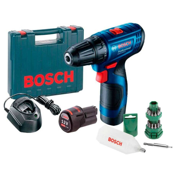 

Аккумуляторная дрель-шуруповерт Bosch GSR 120-LI + 2 GBA 12V 2.0Ah + GAL 1210 CV + чемодан + набор 24 бит (06019G8000B)