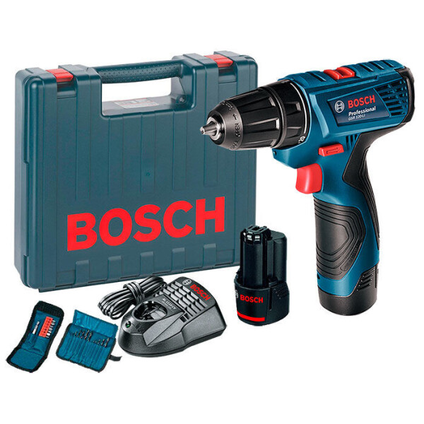 

Дрель-шуруповерт Bosch GSR 120-LI + AL 1115 CV + 2 x акб GBA 12V 1.5 Ah + чемодан + набор бит + набор сверл (06019F7004)