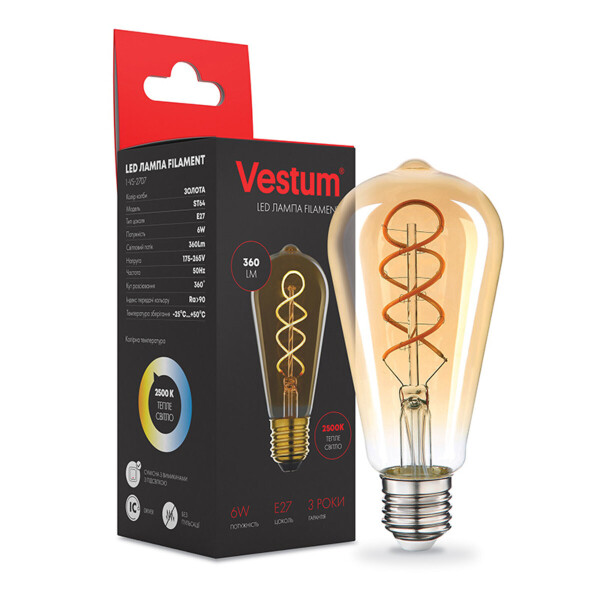

Лампа филаментная Vestum винтаж Golden Twist St64 Е27 6Вт 220V 2500К (Vst-13768)