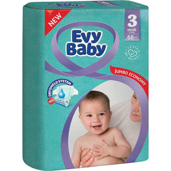 

Подгузники детские Evy Baby Jumbo Economy 3 Midi, 5-9 кг, 68 шт.