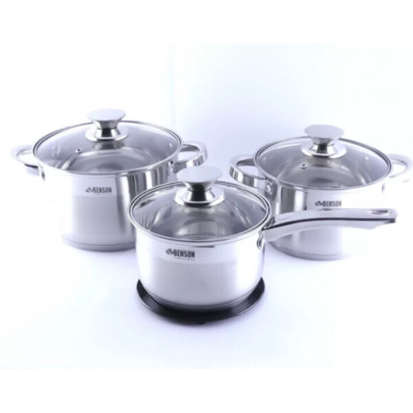 

Набор посуды Benson BN-243 из нержавеющей стали 7 предметов (3 л 4 л + 2,1 л ковш) и подставка