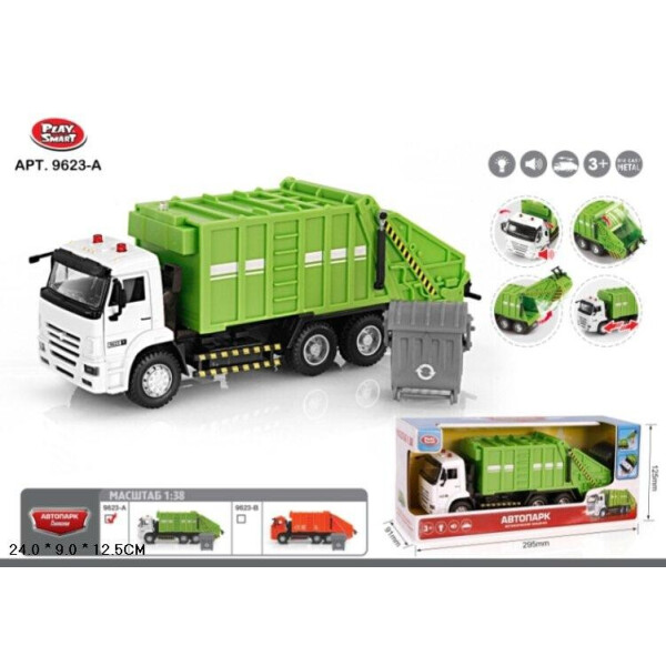 

Модель мусоровоз PLAY SMART 9623A Автопарк метал.инерц.муз.свет.откр.дв.кор.24*9*12.5 ш.к./36/