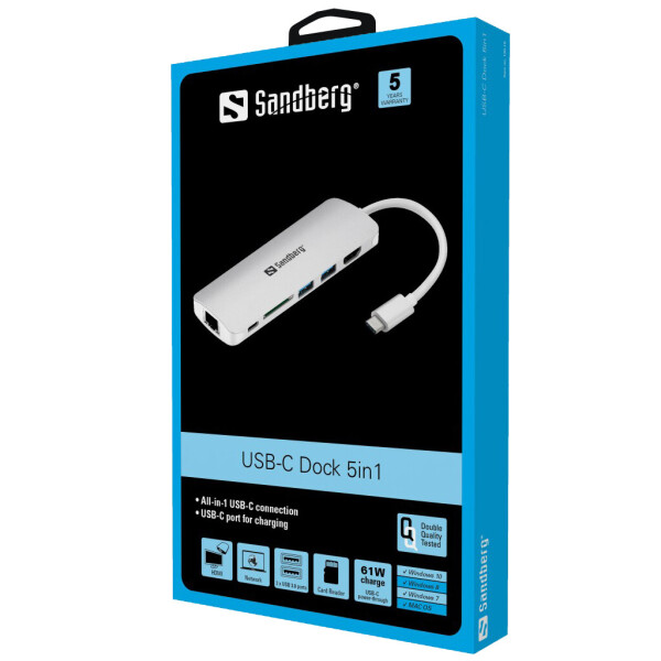 

Док-станция Sandberg USB-C Dock HDMI+LAN+SD+USB,61W(136-18)