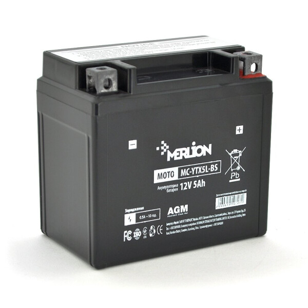 

Мотоаккумулятор свинцово-кислотный Merlion MC- YТХ5L-BS Black Case 12V 5.0Ah (114*70*109) Q10