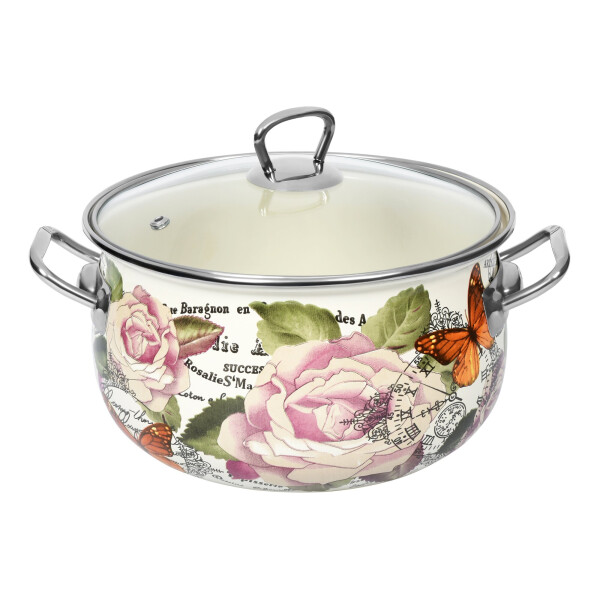 

Каструля Ardesto Rose, скляна кришка, 3.5 л, металевими ручками, айворі, емальована