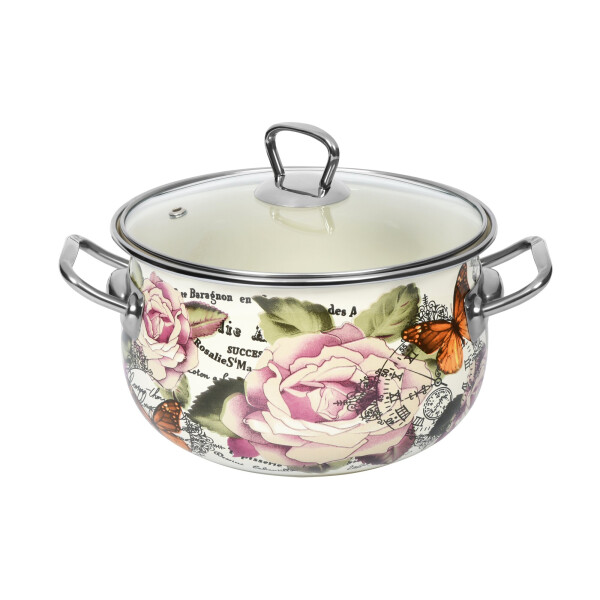 

Каструля Ardesto Rose, скляна кришка, 2.5 л, металевими ручками, айворі, емальована