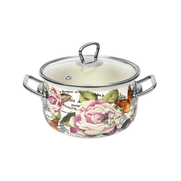 

Каструля Ardesto Rose, скляна кришка, 2.0 л, металевими ручками, айворі, емальована