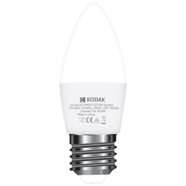 

Лампа светодиодная KODAK C37 E27 6W 220V 6000K (30416239/B)