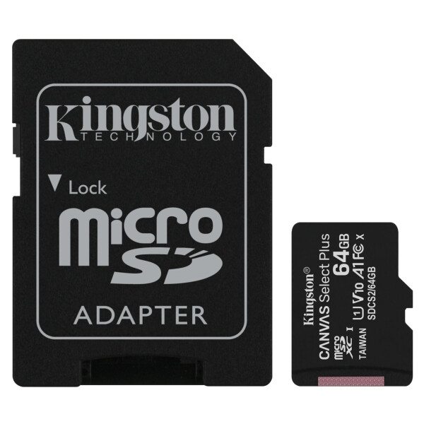 

Карта памяти Kingston 64GB microSDXC Canvas Select Plus 100R A1 C10 + SD адаптер (SDCS2/64GB)