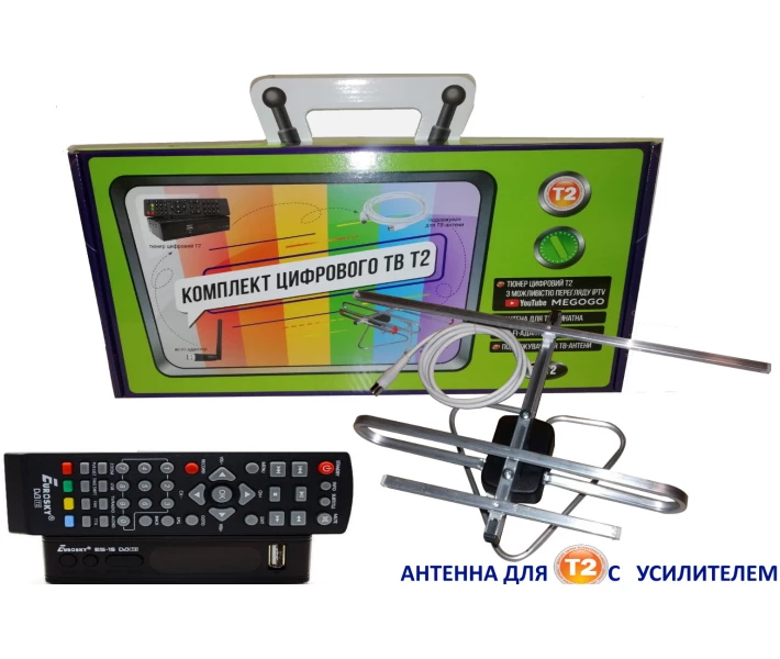 Фото - ТВ-тюнер Комплект Т2-телевидения с тюнером DVB-T2 Eurosky ES-15 и антенной для Т2 комнатной с усилителем A-sus